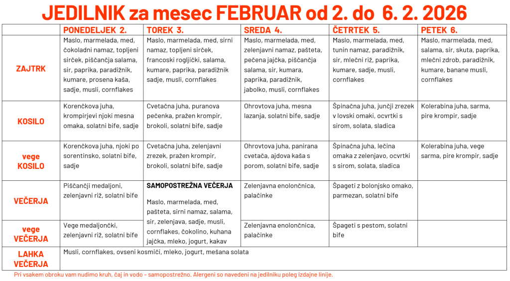 jedilnik za mesec februar